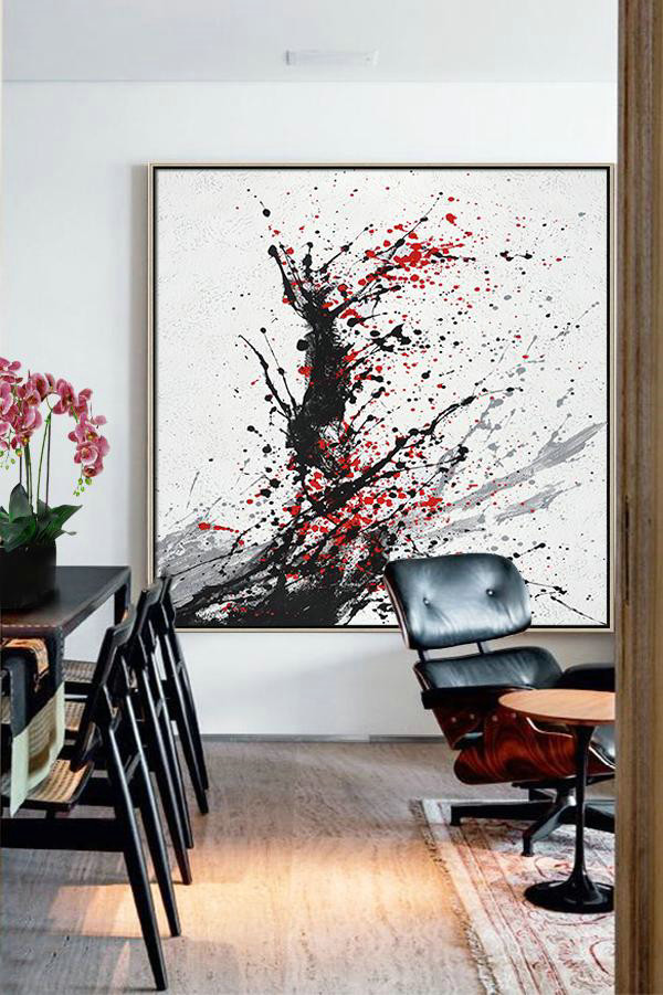Extra Large Painting,Minimalist Drip Painting On Canvas, Black, White, Grey, Red - Hand Painted Acrylic Painting